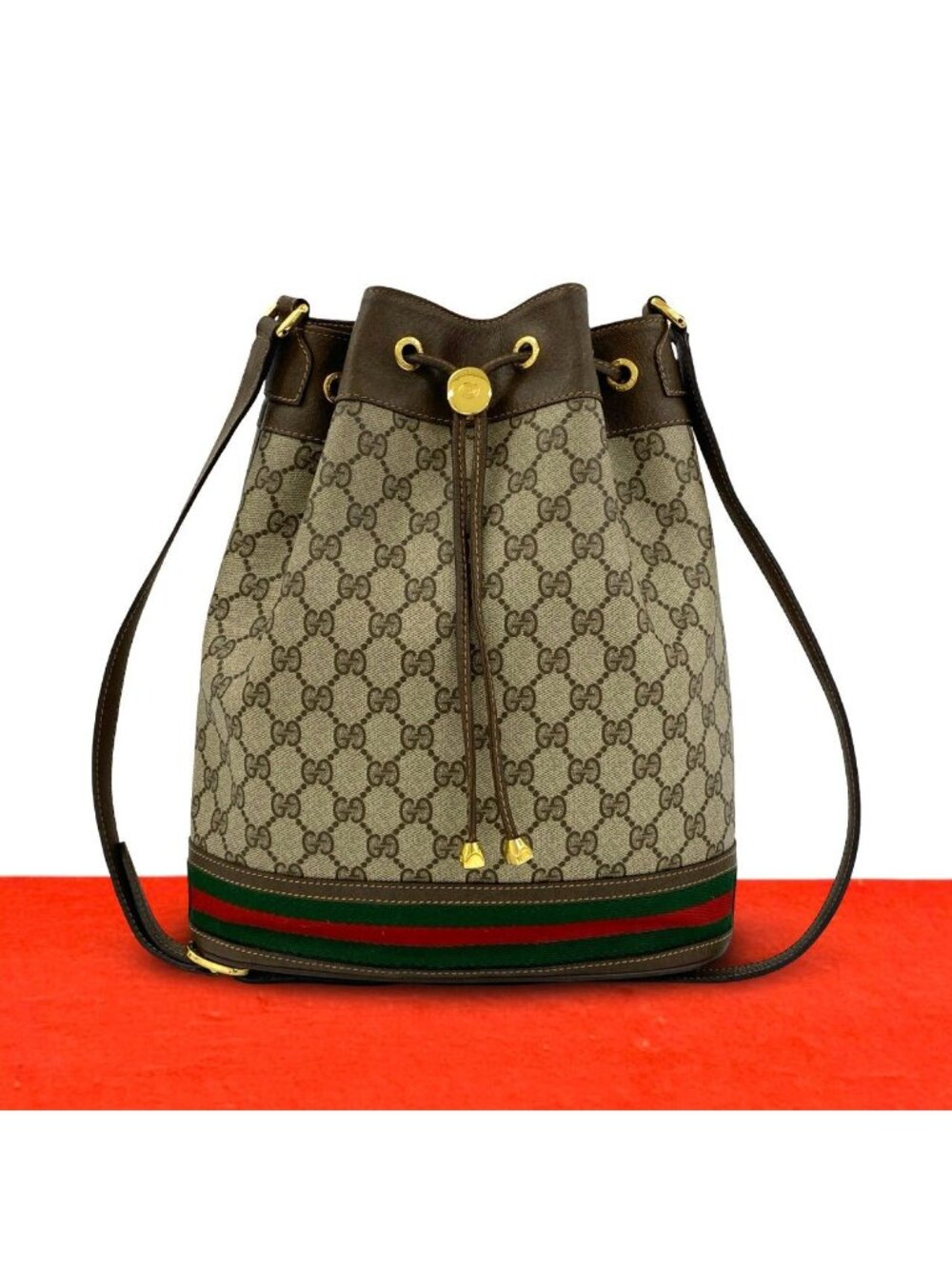 Gucci Vintage Sherry Line GG Pattern Logo Leather Drawstring Shoulder Bag Brown